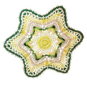 Handmade Vintage Star-Shaped Crochet Doily 19" Multicolor Green White Yellow Tab